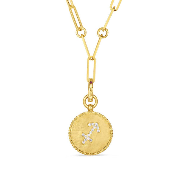 Diamond Sagittarius Zodiac Medallion Pendant With Coin Edge On Paper Clip Chain - 1